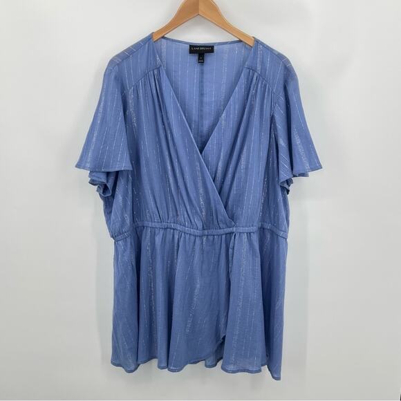 Lane Bryant blouse women's 22 faux wrap flutter sleeve stripe blue silver - Picture 9 of 9